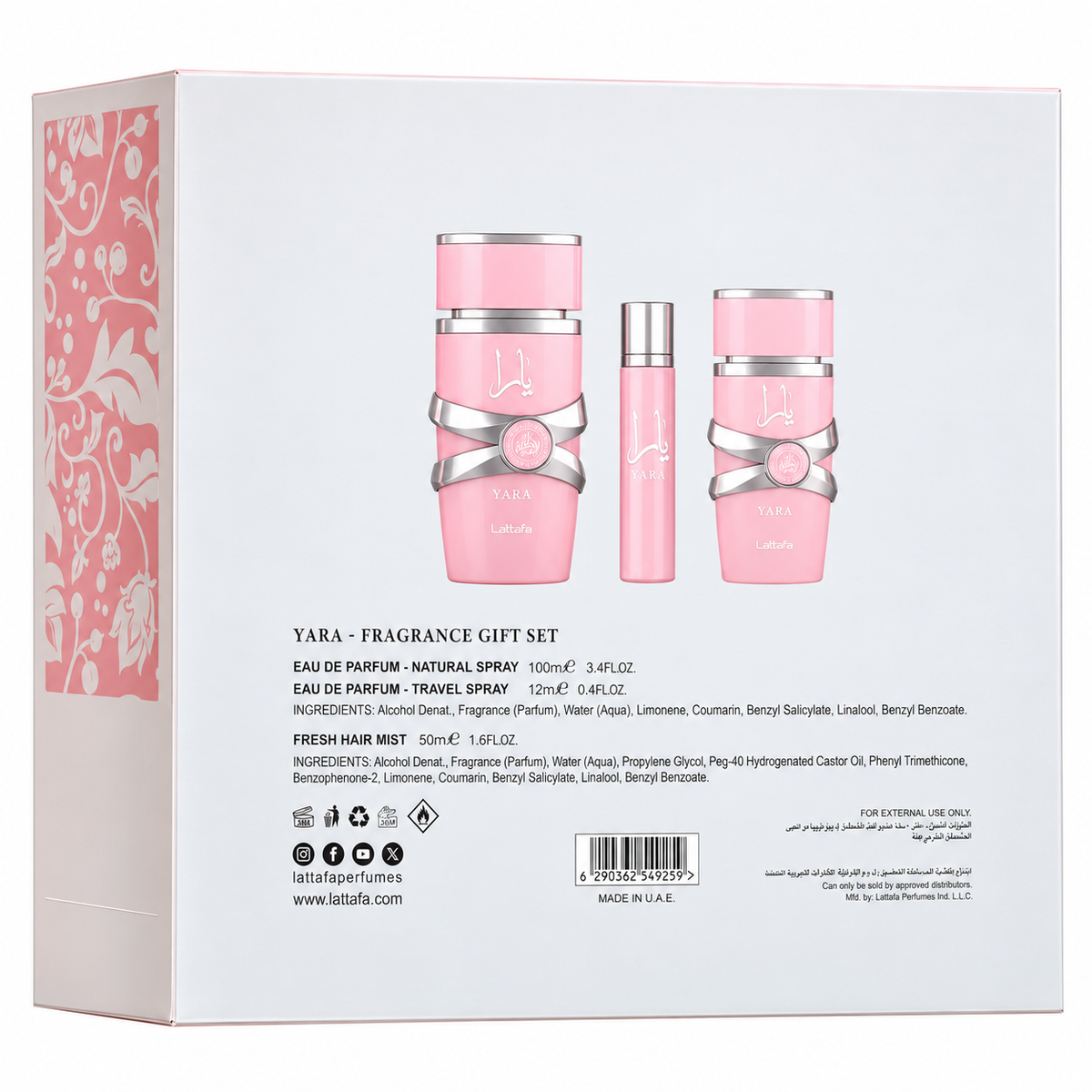 PACK DE YARA ROSA - LATTAFA (PERFUME 100ML + PERFUME DE VIAJE + HAIR MYST)