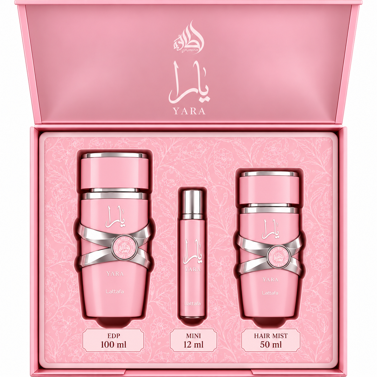 PACK DE YARA ROSA - LATTAFA (PERFUME 100ML + PERFUME DE VIAJE + HAIR MYST)