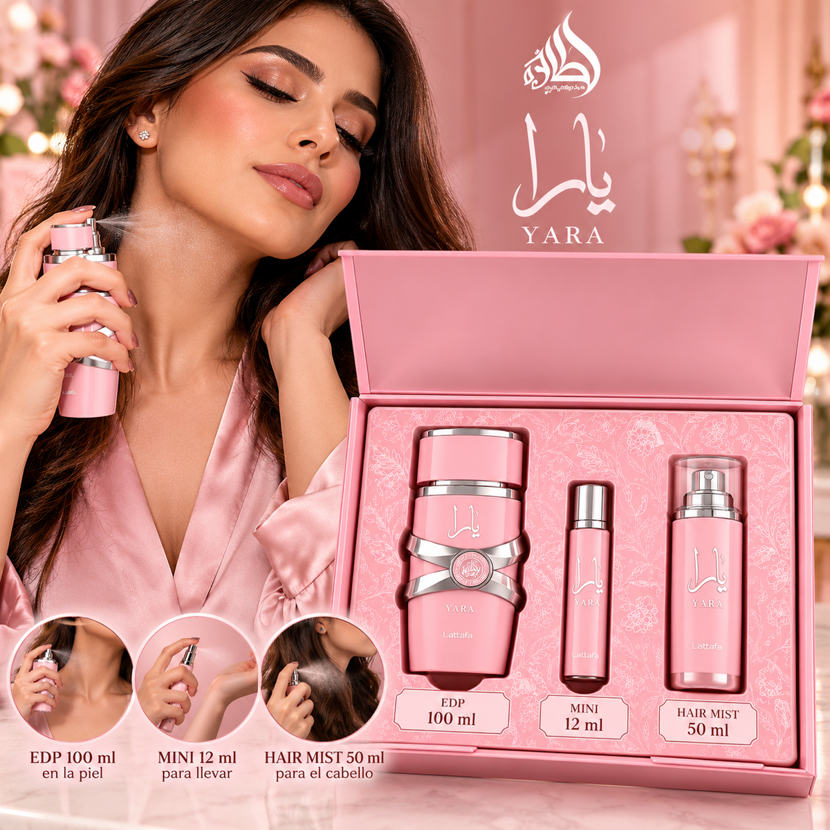 PACK DE YARA ROSA - LATTAFA (PERFUME 100ML + PERFUME DE VIAJE + HAIR MYST)